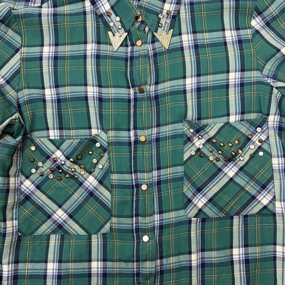 Zara Woman's Green Plaid Western Shirt Rhinestone Embellished Studded Collar - Picture 7 of 8